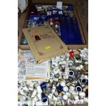 TWO BOXES OF COLLECTORS THIMBLES TOGETHER WITH THIMBLE EPHEMERA ETC, brands include, Fenton China
