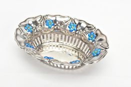 A SILVER ART NOUVEAU BONBON DISH, the pierced oval body adorned with blue enamel flowers, hallmarked