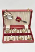 A CASED, SILVER PLATED DESSERT SPOON SET, to include six dessert spoons and a serving spoon,