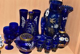 A COLLECTION OF COBALT BLUE GLASSWARES, seventeen pieces, largely late nineteenth and twentieth