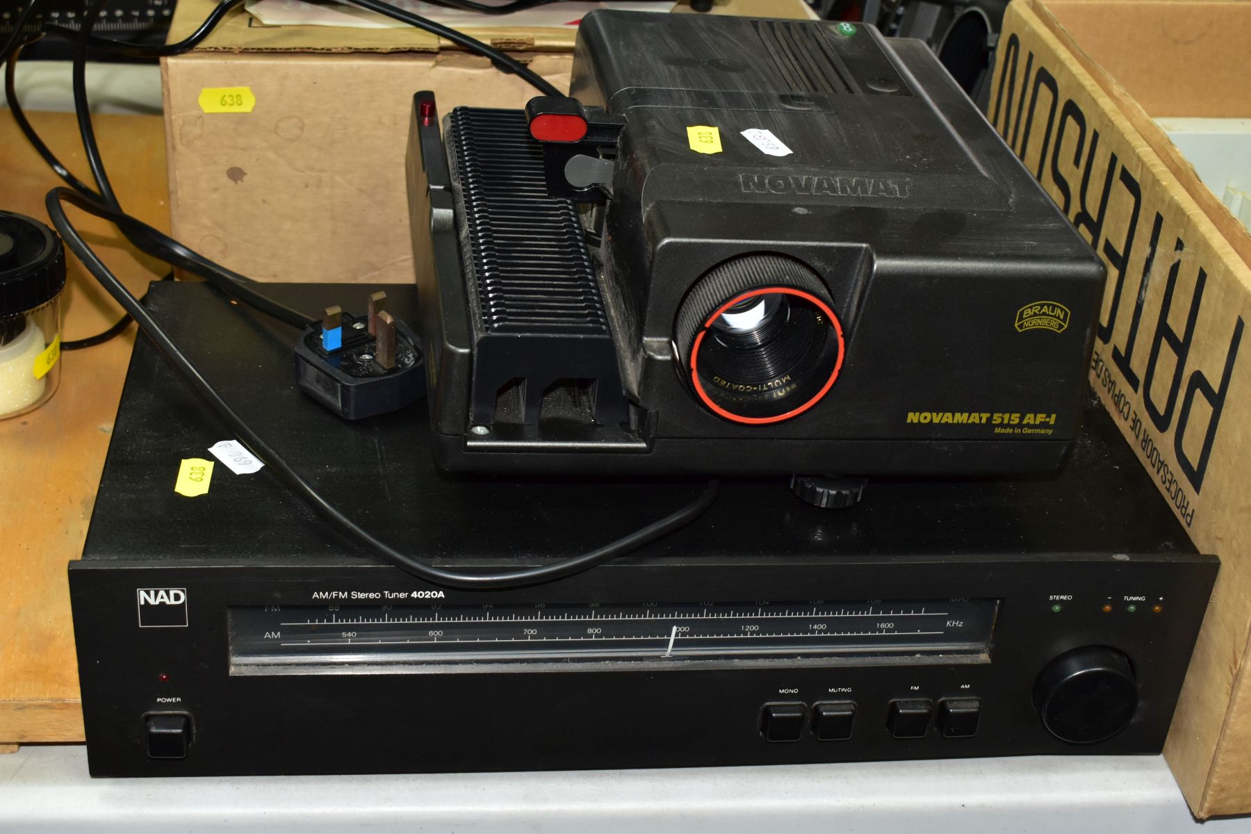 TWO BOXES AND LOOSE STEREO TUNER AND PHOTOGRAPHIC EQUIPMENT, to include a NAD AM/FM stereo tuner - Image 3 of 10