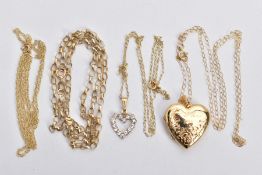 FOUR NECKLACES, the first with a heart shaped locket, engraved floral design with the words 'I