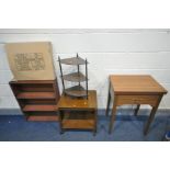 A NEW HOME MODEL 691 TREDLE SEWING MACHINE, an oak trolley, stained open bookcase, corner what not