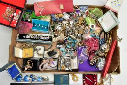 A BOX OF ASSORTED COSTUME JEWELLERY, to include a signed Pandora bracelet and a selection of white