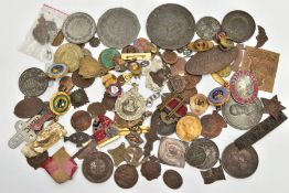 A BAG OF ASSORTED MEDALS, MEDALLIONS AND FOBS, to include a variety of medallions, fob medals,
