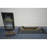 A CAST IRON FIRE INSERT, a cast iron fender, length 120cm, another fender and a fire grate (4)