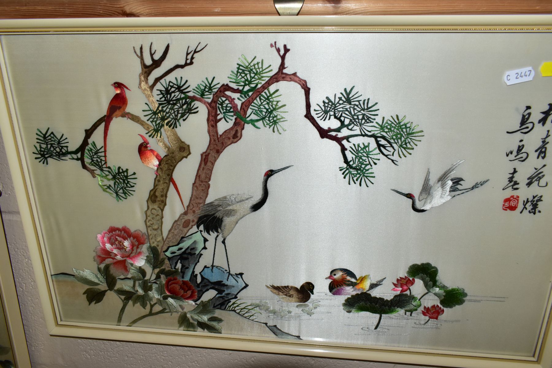 THREE CHINESE SILK EMBROIDERY PICTURES, depicting exotic birds, cranes, ducks and flowers, signed - Image 7 of 9