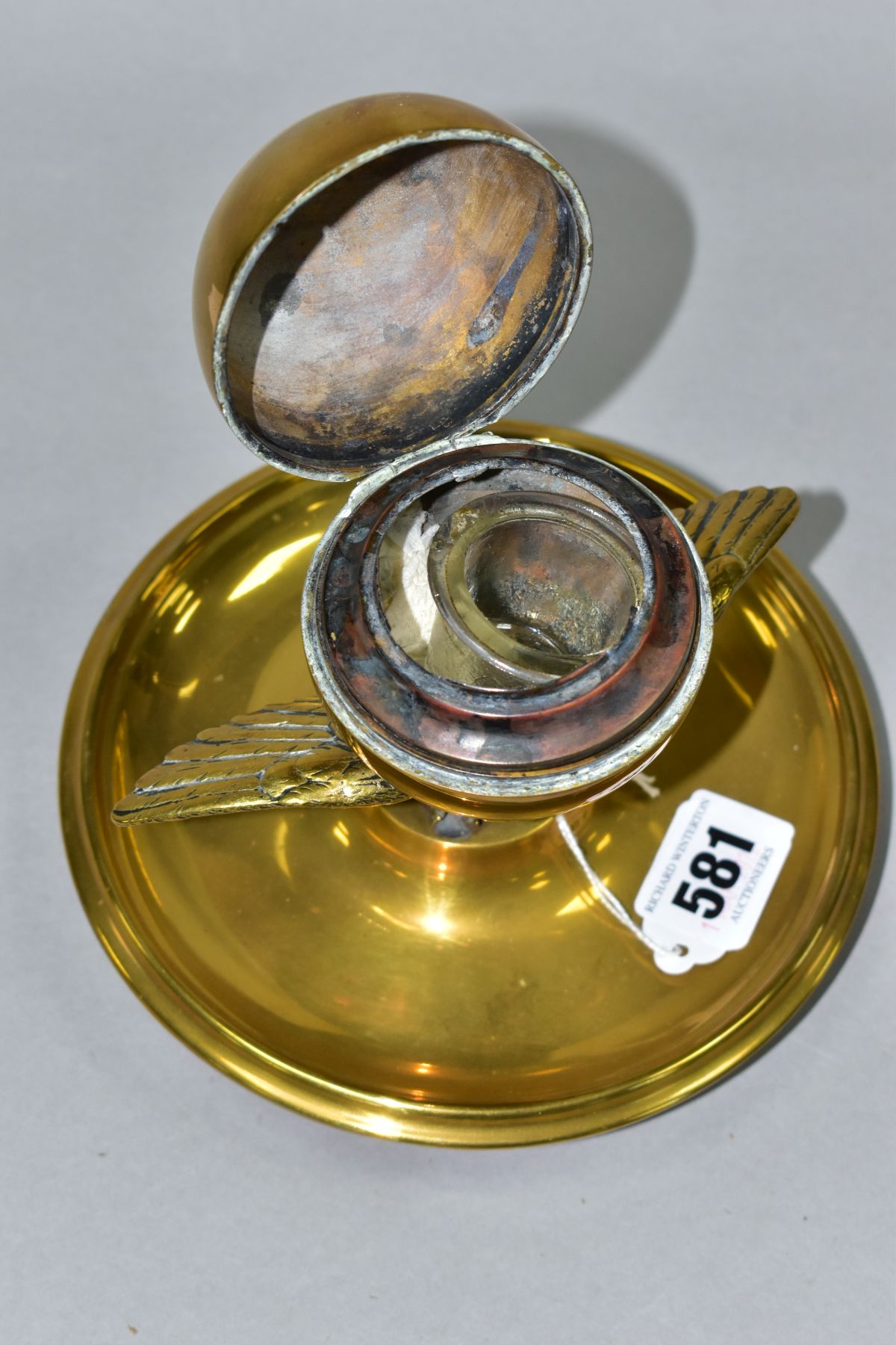 A BRASS INKSTAND IN THE FORM OF AN EAGLE AND ORB, incorrect glass liner, liner retaining ring is - Image 4 of 6