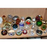OVER TWENTY PAPERWEIGHTS AND A CAITHNESS GLASS VASE, mainly glass paperweights to include a Murano