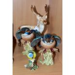 BESWICK SCULPTURES COMPRISING FALLOW DEER STAG STANDING No 981, two kingfishers sculptures No 2371