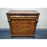 A VICTORIAN WALNUT SCOTTISH CHEST OF FOUR LONG DRAWERS BELOW A SHAPED FRIEZE DRAWER, on a plinth,