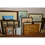 A BOX AND LOOSE ASSORTED PRINTS ETC, to include Berthold Hellingrath etching of a German street