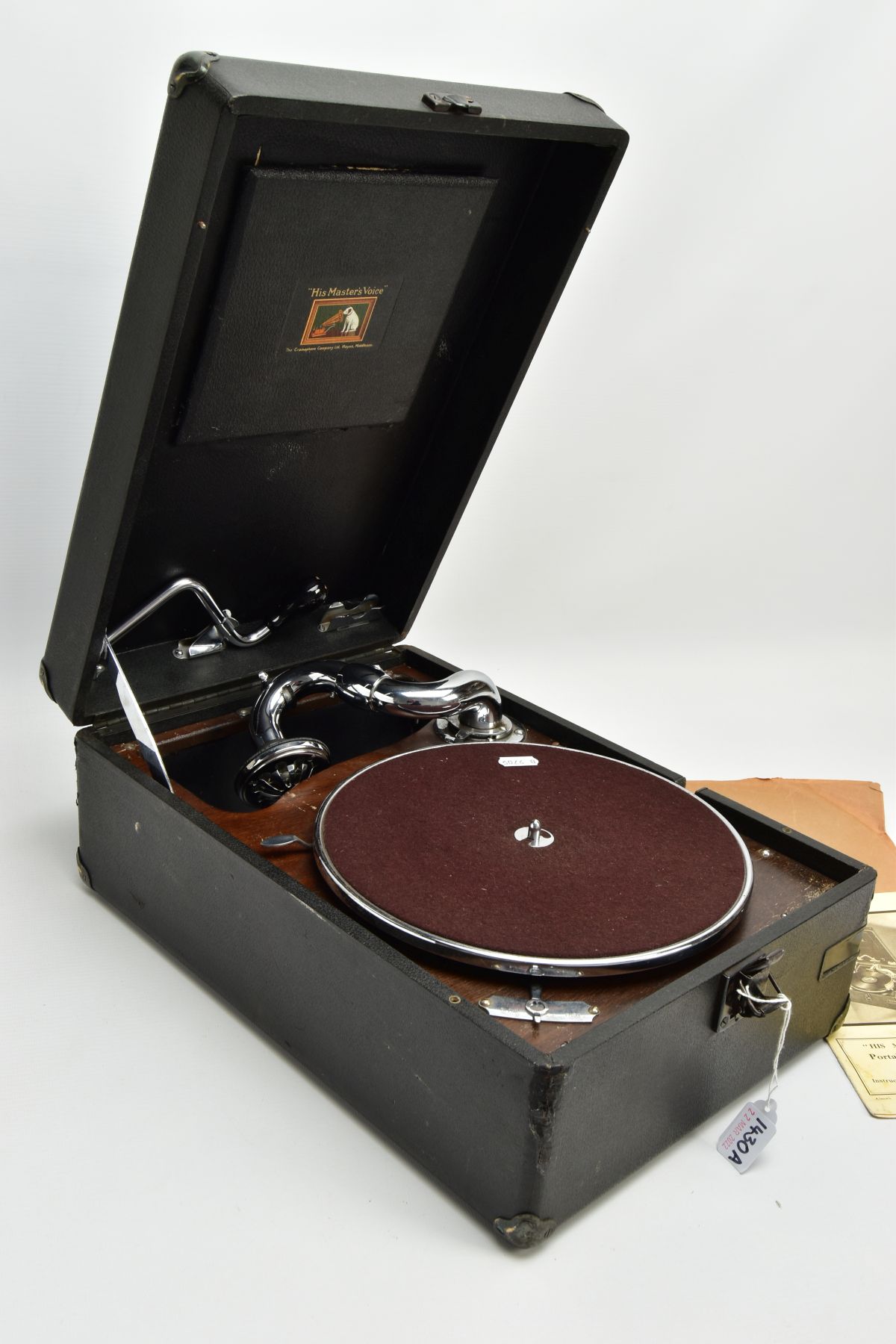 A HMV BLACK CASED PORTABLE GRAMOPHONE MODEL 102, with printed instructions and a Nat King Cole - Image 2 of 7