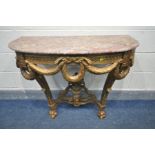 A FRENCH GILTWOOD CONSOLE TABLE, in the Louis xvi style, with a marble top, width 103cm x depth 48cm