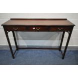 A MAHOGANY SIDE TABLE, with three frieze drawers, on square tapered legs, united by stretchers,