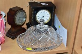 CLOCKS AND CUT GLASS, comprising an over wound mantle clock in need of restoration, height