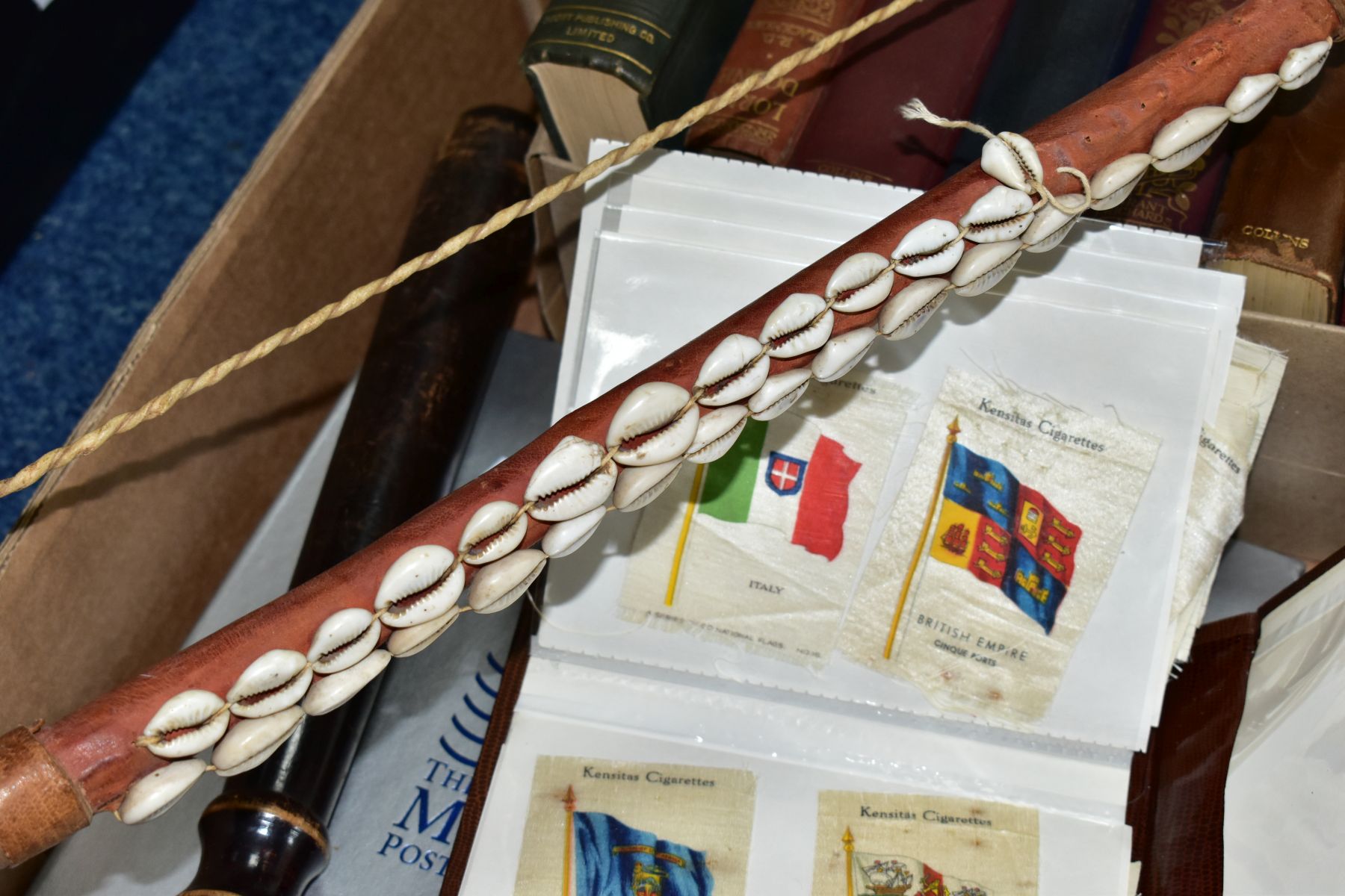 A BOX OF CHARLES DICKENS AND OTHER BOOKS, A TURNED WOODEN TRUNCHEONS, THREE ROLLED ORDER OF - Image 2 of 9