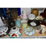 A GROUP OF CERAMICS, LAMPS, LAMPSHADES, CLOCKS AND SUNDRY ITEMS, to include an early twentieth