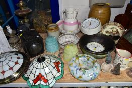 A GROUP OF CERAMICS, LAMPS, LAMPSHADES, CLOCKS AND SUNDRY ITEMS, to include an early twentieth