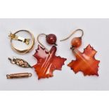 A PAIR OF BANDED AGATE DROP EARRINGS, A YELLOW METAL RING AND TWO CLASPS, to include a pair of