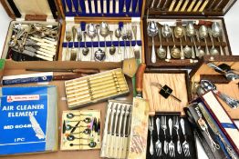 A BOX OF ASSORTED CUTLERY, to include two wooden canteens of cutlery, a cased set of seven dessert