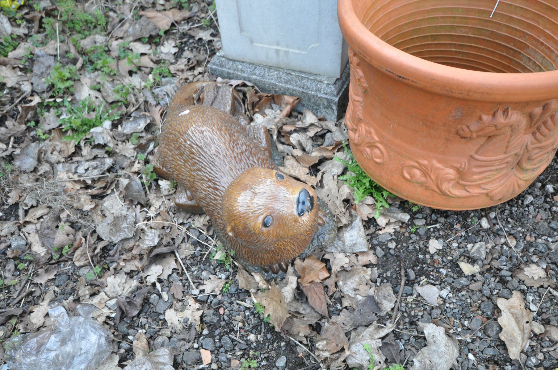 A COMPOSITE SQUARE SECTION COLUMN 33cm square height 70cm, a terracotta round planter with - Image 2 of 3