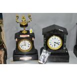 TWO LATE 19TH CENTURY BLACK SLATE AND MARBLE MANTEL CLOCKS, one of architectural form, white