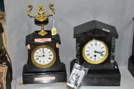 TWO LATE 19TH CENTURY BLACK SLATE AND MARBLE MANTEL CLOCKS, one of architectural form, white