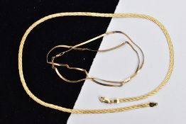 TWO 9CT GOLD ARTICULATED CHAIN NECKLACES, the first a flat articulated plait chain, fitted with a
