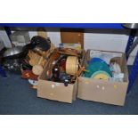 THREE BOXES AND LOOSE KITCHEN EQUIPMENT, ETC, including wooden salad bowls, bread boards, pizza