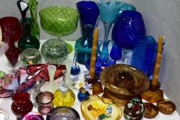 A COLLECTION OF COLOURED GLASSWARES, over thirty pieces to include a Chribska Glassworks Josef