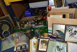 THREE BOXES AND LOOSE PICTURES, METALWARES AND SUNDRY ITEMS, to include twenty four picture