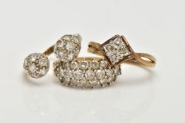 THREE 9CT GOLD RINGS, the first designed with a square panel set with four single cut diamonds,