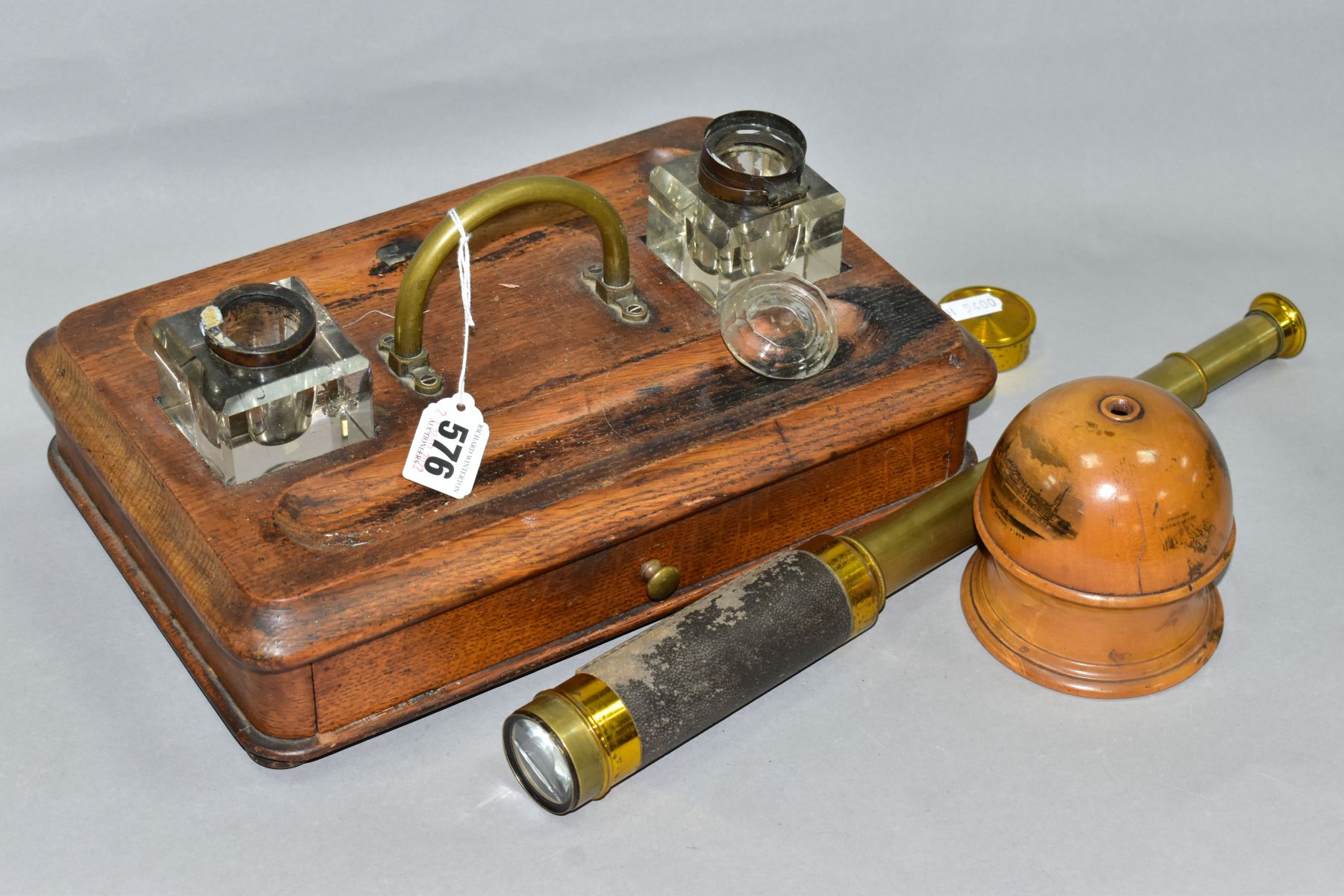 A VICTORIAN OAK INKWELL STAND WITH DRAW, together with a Mauchline ware string dispenser for J R