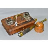 A VICTORIAN OAK INKWELL STAND WITH DRAW, together with a Mauchline ware string dispenser for J R