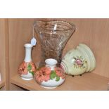 TWO MOORCROFT POTTERY VASES, A LARGE CUT CRYSTAL VASE AND AN ITALIAN CERAMIC WALL POCKET, two