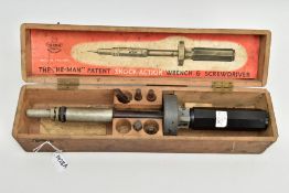A WOODEN CASED THE 'HE-MAN' PATENT SHOCK-ACTION WRENCH & SCREWDRIVER, paper label to lid interior (