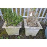 A PAIR OF COMPOSITE BRICKWORK DESIGNED TAPERED SQUARE GARDEN PLANTERS, top 42cm squared and 38cm