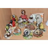 TWELVE TEVIOTDALE ANIMAL SCULPTURES, comprising of two different badgers, a mole, owl, stoat,