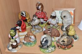 TWELVE TEVIOTDALE ANIMAL SCULPTURES, comprising of two different badgers, a mole, owl, stoat,