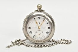 A MILITARY SWISS MADE SILVER PLATED POCKET WATCH, in a base metal pair case, the dial with