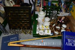 THREE BOXES AND LOOSE CERAMICS, BOOKS, CHESS SET, SNOOKER CUE, COOKWARES AND SUNDRY ITEMS, to