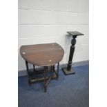 AN OAK BARLEY TWIST GATE LEG TABLE, open length 102cm x closed length 39cm x depth 74cm x height