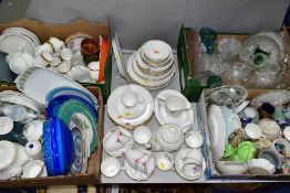 FOUR BOXES AND LOOSE CERAMICS AND GLASSWARES, to include a forty six piece Spode Rosetti dinner
