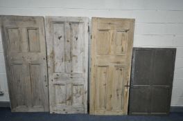 THREE VINTAGE PANELLED PINE INTERIOR DOORS, all roughly 83cm x 204cm and another panelled cupboard