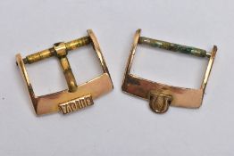 TWO WRISTWATCH BUCKLE FITTINGS, a Omega gold plated buckle displaying the Omega logo and signed '