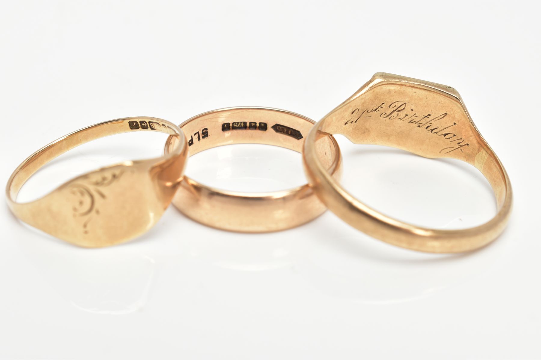 THREE RINGS, the first a signet ring with engraved scrolling initials and personal engraving, - Image 3 of 3