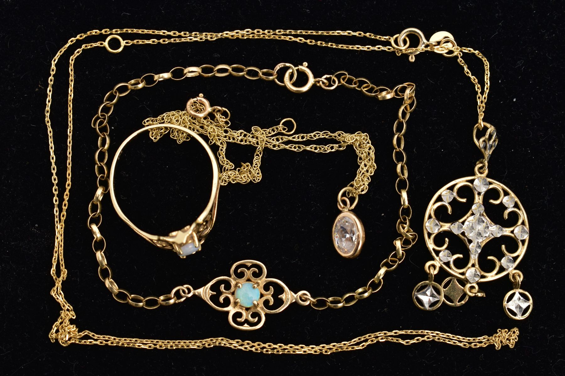 A 9CT GOLD OPAL BRACELET AND RING WITH TWO PENDANTS WITH CHAINS, the fine belcher link bracelet - Image 3 of 3