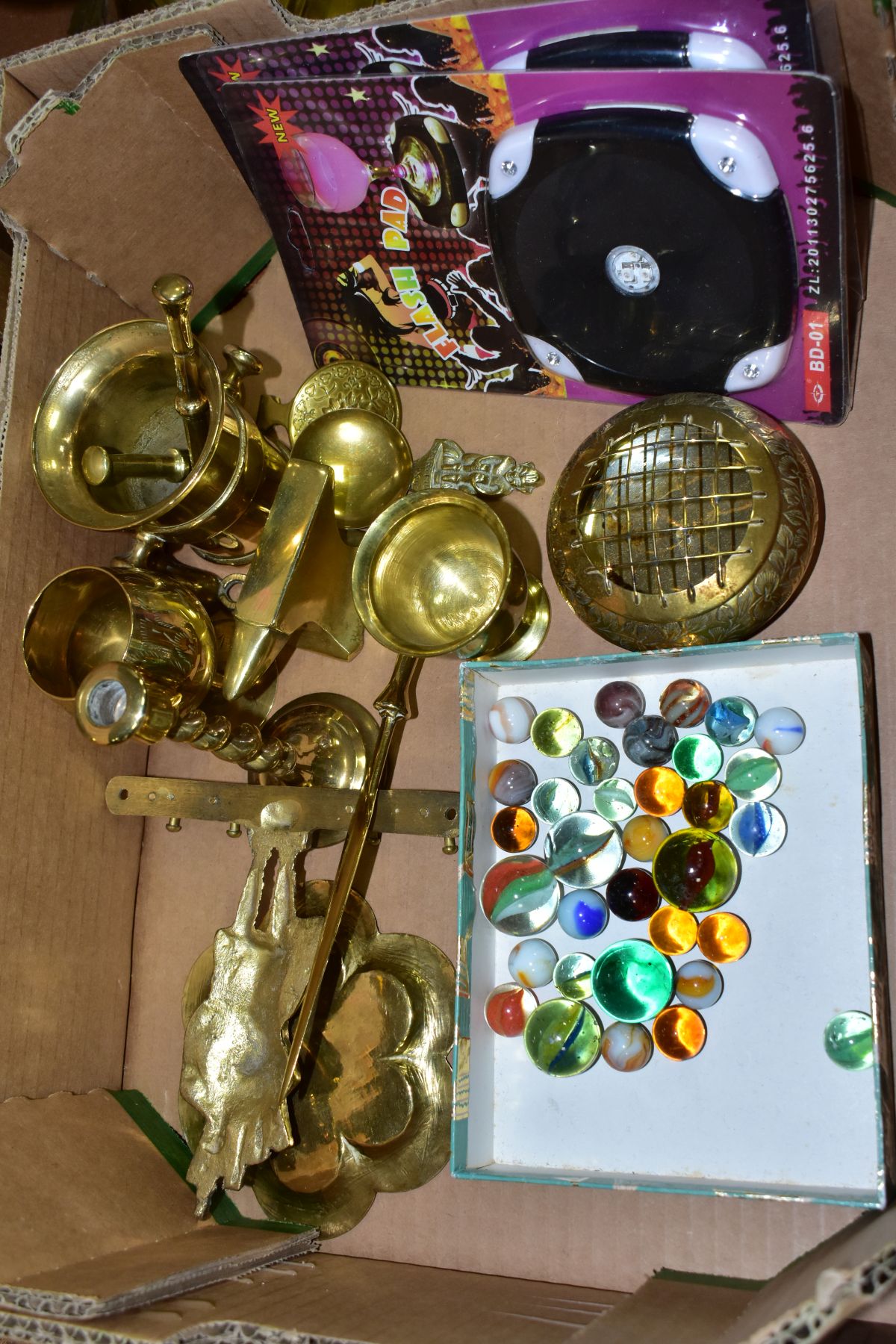 TWO BOXES AND LOOSE BRASS WARES AND SUNDRIES ETC, brass items include a oil lamp converted to - Image 2 of 8