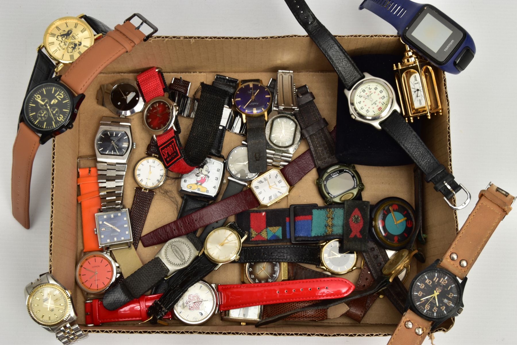 A BOX OF ASSORTED FASHION WRISTWATCHES, to include quartz watches, digital watches, with names to